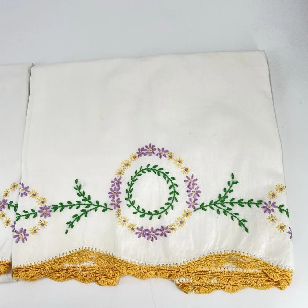 Vintage MCM Floral Embroidered Pillowcases Set of 2 White Cotton Crocheted Hems